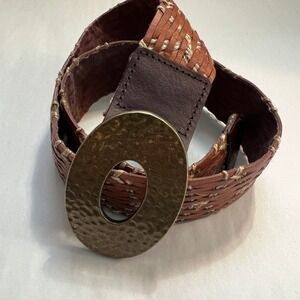 Woven Leather Belt with Large Oval Hammered Bronze Buckle Boho Festival Hippie